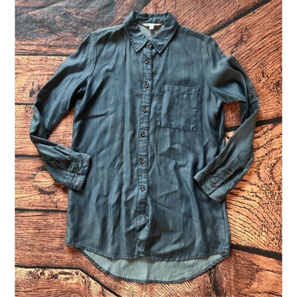 C&C California Tensel Shirt‎ Blue Button Up Roll Tab Sleeve Women's Sz XS - Picture 1 of 7